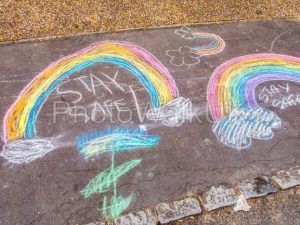 Stay Safe Chalk Drawing Words and Rainbow on Pavement - Photo Walk UK